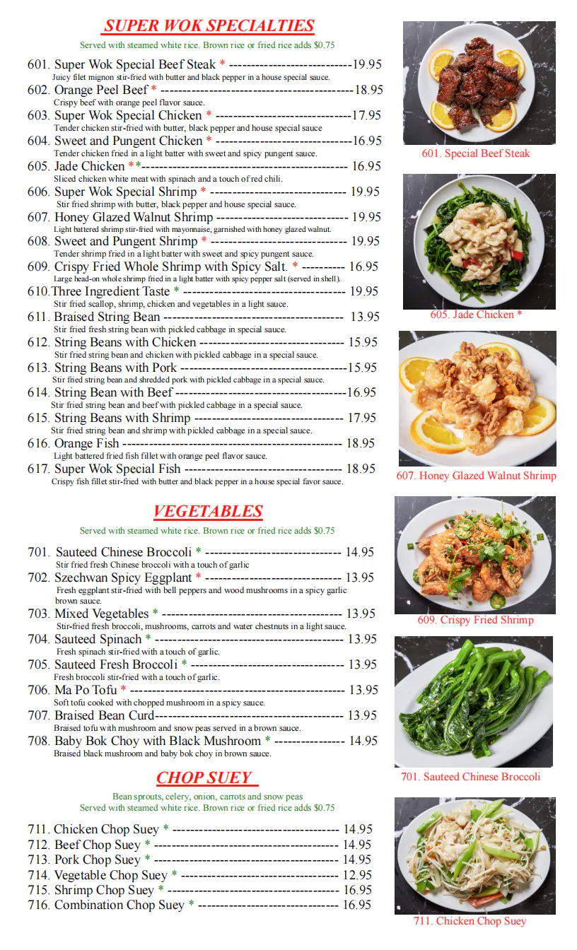 Restaurant SUPER WOK SPECIALTIES menu 1, detailed description provided below